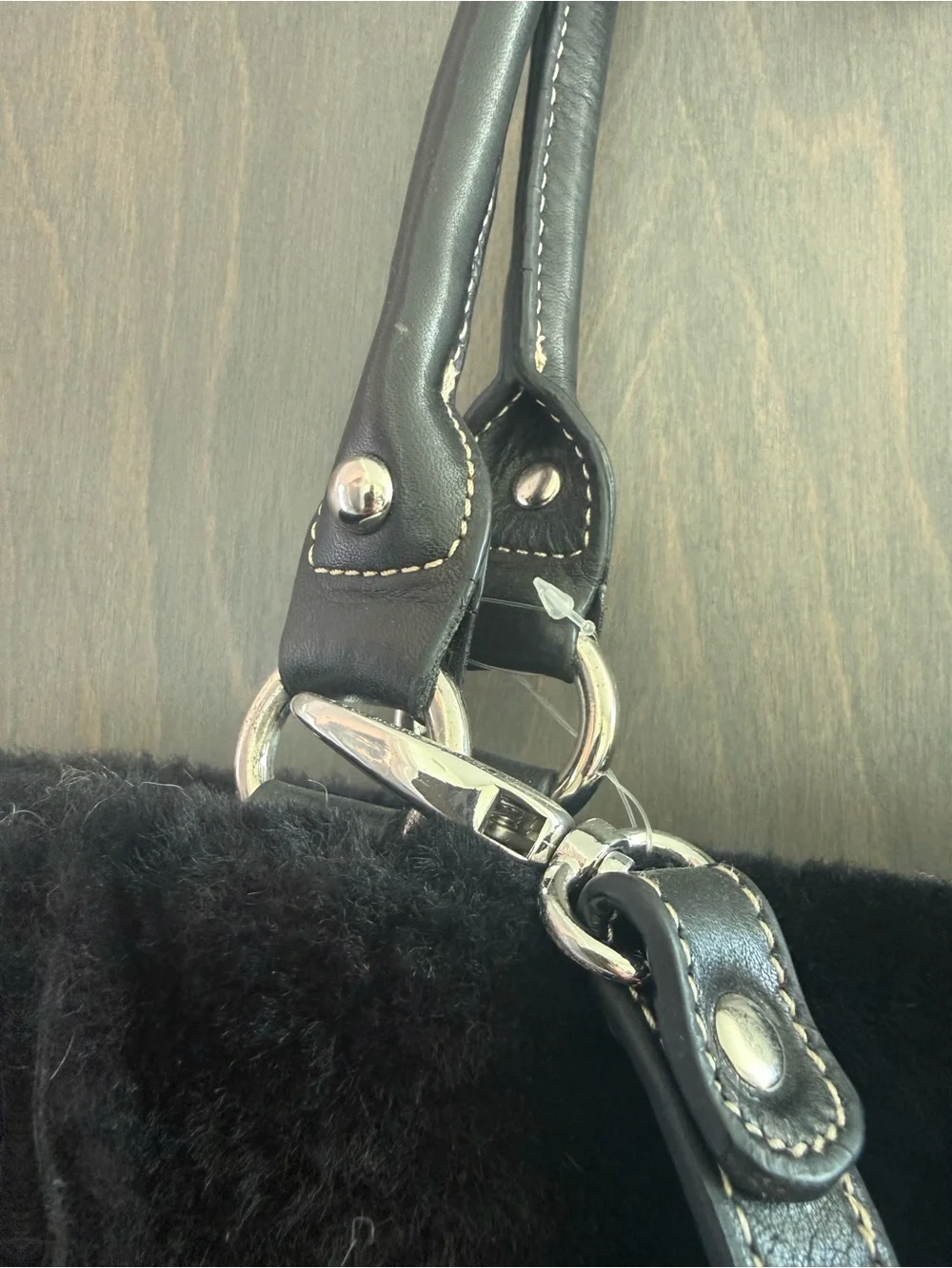 Aqua Madonna Black Genuine Shearing Tote with Shoulder Strap